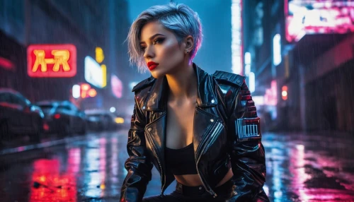 cyberpunk,birds of prey-night,marylyn monroe - female,cruella,femme fatale,jacket,bolero jacket,rockabella,neon lights,neon light,retro woman,futuristic,wallis day,leather jacket,pixie-bob,hk,blonde woman,punk,neon sign,cruella de ville,Conceptual Art,Fantasy,Fantasy 14