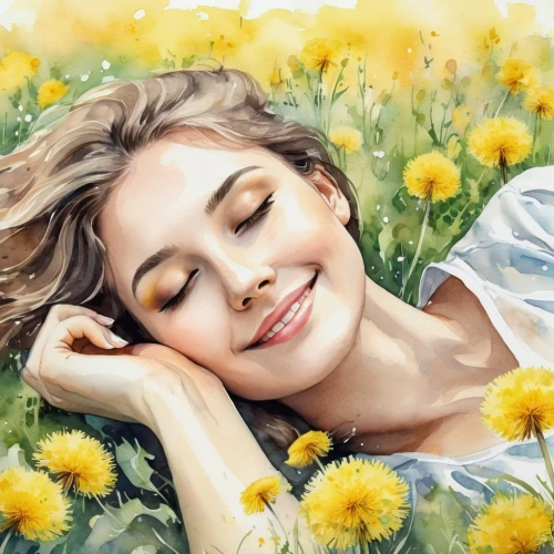 girl lying on the grass,girl in flowers,yellow daisies,relaxed young girl,daisies,beautiful girl with flowers,blanket of flowers,flower painting,dandelion field,daisy flowers,sun daisies,dandelion meadow,dandelions,sunflowers,sunflower lace background,dandelion background,idyll,flower background,yellow petals,oil painting on canvas,Illustration,Paper based,Paper Based 25