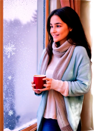 woman drinking coffee,winter background,christmas snowy background,christmas banner,snowflake background,coffee background,woman at cafe,hot drinks,hot coffee,hot cocoa,hot beverages,winter drink,christmas snowflake banner,hot drink,winter window,snow scene,drinking coffee,winterblueher,christmas frame,cup of cocoa,Illustration,Realistic Fantasy,Realistic Fantasy 44
