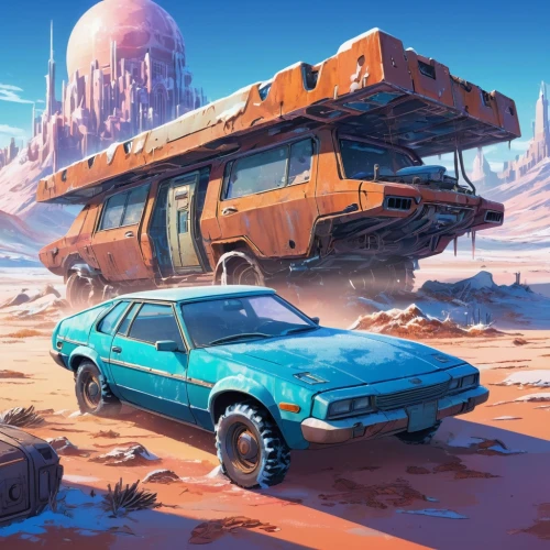 retro vehicle,rusty cars,station wagon-station wagon,moon car,gas planet,caravan,rust truck,wasteland,futuristic car,desert safari,desert,nomad,vehicles,futuristic landscape,valerian,the vehicle,scrapyard,vehicle,transportation,eldorado,Illustration,Japanese style,Japanese Style 03