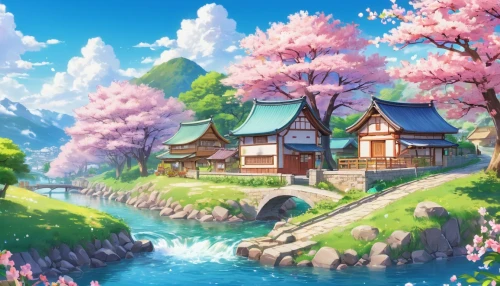 japanese sakura background,sakura background,sakura trees,springtime background,spring background,spring blossoms,landscape background,sakura blossoms,sakura tree,idyllic,home landscape,the cherry blossoms,house by the water,cherry blossoms,studio ghibli,aurora village,alpine village,wooden houses,spring blossom,sakura blossom,Illustration,Japanese style,Japanese Style 02