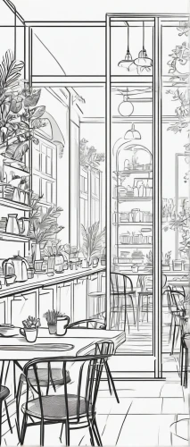 coffee shop,the coffee shop,potted plants,wisteria shelf,food line art,greenhouse,tearoom,breakfast room,pastry shop,cafe,shelves,watercolor tea shop,flower shop,paris cafe,grilled food sketches,house plants,office line art,store fronts,kitchen shop,bakery,Illustration,Black and White,Black and White 04