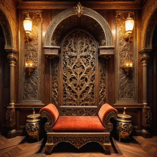 the throne,ornate room,throne,thrones,art nouveau design,royal interior,interior decor,patterned wood decoration,ornate,art nouveau,four poster,interior decoration,armoire,moroccan pattern,carved wall,wing chair,fire screen,antique furniture,fireplaces,chaise lounge,Illustration,Retro,Retro 24