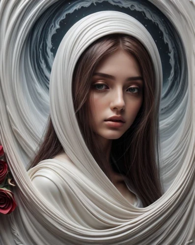 mystical portrait of a girl,fantasy portrait,mirror of souls,fantasy art,priestess,seven sorrows,white lady,veil,white rose snow queen,girl in cloth,psyche,seerose,the enchantress,sorceress,oil painting on canvas,the angel with the veronica veil,white silk,girl with cloth,cloak,world digital painting