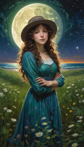 mystical portrait of a girl,fantasy portrait,celtic woman,fantasy picture,blue moon rose,cosmos field,mother earth,fantasy art,moonflower,mirror in the meadow,green meadow,girl in the garden,girl lying on the grass,celtic queen,the girl in nightie,moon shine,faerie,faery,the sleeping rose,meadows of dew,Illustration,Realistic Fantasy,Realistic Fantasy 03
