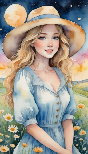 straw hat,country dress,countrygirl,virgo,pilgrim,springtime background,jessamine,rosa ' amber cover,watercolor women accessory,high sun hat,blue moon rose,cosmos field,jane austen,zodiac sign libra,sky rose,girl in the garden,horoscope libra,sun hat,southern belle,fairy tale character,Illustration,Paper based,Paper Based 25