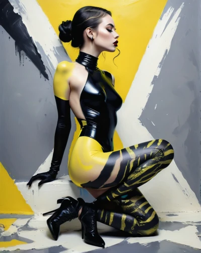 yellow and black,bodypainting,bodypaint,harlequin,latex clothing,sprint woman,body painting,black yellow,neon body painting,wasp,latex,puma,biomechanical,fashion illustration,harnessed,pollinate,body art,wu,sphinx pinastri,art model,Conceptual Art,Fantasy,Fantasy 13