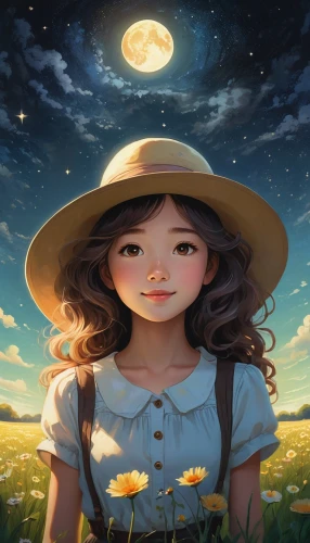 rosa ' amber cover,blooming field,high sun hat,studio ghibli,springtime background,straw hat,mystical portrait of a girl,free land-rose,world digital painting,girl wearing hat,fantasy portrait,girl picking flowers,yellow sun hat,moon shine,fireflies,sun hat,girl in flowers,moonflower,little girl in wind,sun moon,Illustration,Paper based,Paper Based 27