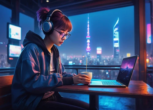 girl studying,cyberpunk,girl at the computer,world digital painting,computer addiction,listening to music,music background,sci fiction illustration,lan,night administrator,computer,cg artwork,dusk background,connected world,study,music player,digital nomads,coder,game illustration,girl drawing,Conceptual Art,Sci-Fi,Sci-Fi 22