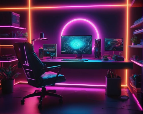 computer room,80's design,desk,3d render,computer desk,neon,3d background,neon light,neon coffee,neon lights,working space,aesthetic,study room,game room,neon human resources,secretary desk,creative office,cinema 4d,retro styled,neon ghosts,Conceptual Art,Sci-Fi,Sci-Fi 16