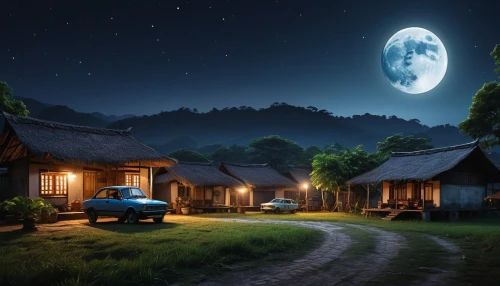 night scene,moonlit night,moon car,world digital painting,home landscape,landscape background,moonshine,moonlight,moonlit,fantasy picture,moon and star background,the cabin in the mountains,photoshop manipulation,digital compositing,night indonesia,night image,photo manipulation,lonely house,moon night,evening atmosphere,Photography,General,Realistic