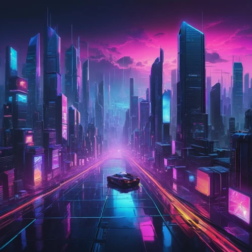 futuristic landscape,cyberpunk,cityscape,futuristic,3d car wallpaper,city highway,metropolis,neon arrows,ultraviolet,colorful city,fantasy city,vapor,night highway,80s,80's design,dusk,neon lights,purple wallpaper,dystopia,cities,Illustration,Realistic Fantasy,Realistic Fantasy 17