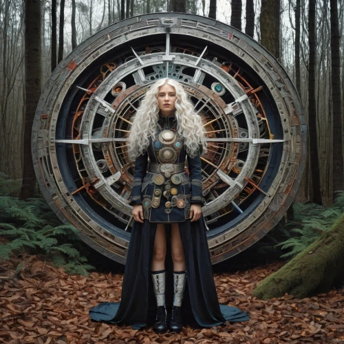 the enchantress,the witch,sorceress,dartboard,girl with a wheel,swath,callisto,celtic queen,wind rose,gothic fashion,warrior woman,conceptual photography,streampunk,priestess,pentacle,fantasy woman,clockmaker,sacred geometry,aurora-falter,divination