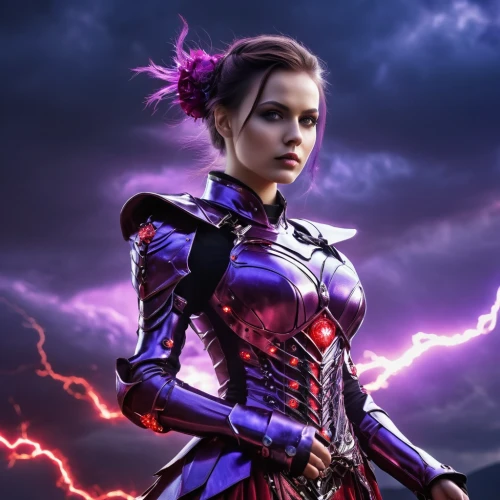 monsoon banner,purple,red-purple,female warrior,purple background,dodge warlock,digital compositing,symetra,lightning,show off aurora,widowmaker,goddess of justice,fantasy woman,harley,violet,queen of hearts,harnessed,electrified,photoshop manipulation,archangel,Photography,General,Realistic