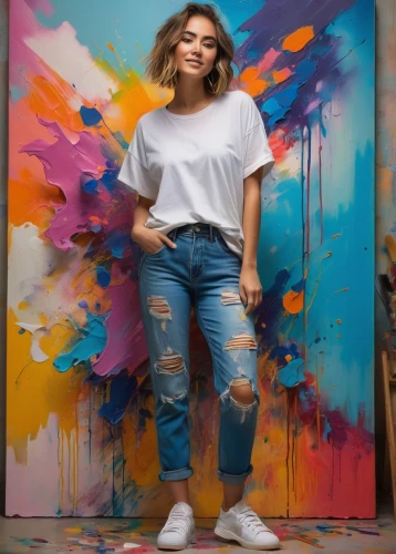 colorful background,painted wall,colorful,painting technique,tie dye,color wall,thick paint,painted,art model,artistic,jeans background,portrait background,graffiti,studio photo,painting,girl in t-shirt,artist color,artist,wall paint,paint,Conceptual Art,Sci-Fi,Sci-Fi 22