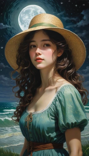 the sea maid,beach moonflower,fantasy portrait,mystical portrait of a girl,blue moon rose,rosa ' amber cover,girl on the dune,moon shine,fantasy art,fantasy picture,the wind from the sea,moonbeam,the hat of the woman,moonflower,sea breeze,straw hat,the girl in nightie,moon phase,moonlit,romantic portrait,Illustration,Realistic Fantasy,Realistic Fantasy 03