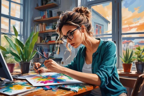 girl studying,painting technique,meticulous painting,girl at the computer,artist portrait,world digital painting,girl drawing,table artist,art painting,woman playing,woman at cafe,illustrator,artist,painter,italian painter,woman drinking coffee,fabric painting,oil painting,flower painting,painting,Conceptual Art,Oil color,Oil Color 24