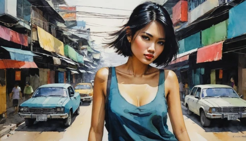 vietnamese woman,asian woman,saigon,southeast asia,hanoi,vietnam,asian vision,han thom,vietnam's,vietnam vnd,teal blue asia,viet nam,oil painting on canvas,hoian,janome chow,asia,oriental girl,bangkok,girl and car,watercolor painting,Illustration,Paper based,Paper Based 05