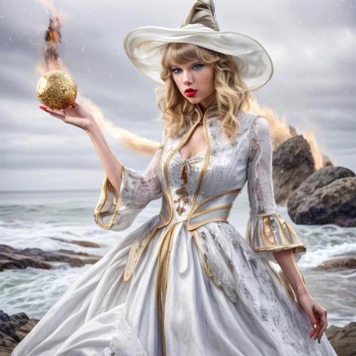 the sea maid,golden candlestick,enchanting,sorceress,fantasy picture,mary-gold,fantasy woman,the enchantress,digital compositing,vintage dress,golden apple,aphrodite,celtic queen,enchanted,woman of straw,priestess,photoshop manipulation,lady justice,white winter dress,the witch