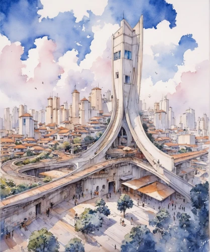 futuristic architecture,nairobi,sky city,fantasy city,khartoum,skyscraper town,futuristic landscape,skyscrapers,são paulo,lotte world tower,urban development,addis ababa,urban towers,shanghai disney,utopian,concept art,tokyo summer olympics,sky apartment,international towers,nanjing,Illustration,Paper based,Paper Based 07