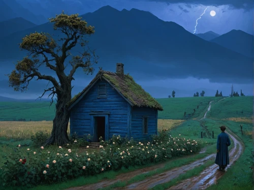 dandelion meadow,dandelion field,lonely house,rural landscape,night scene,home landscape,fantasy picture,little house,salt meadow landscape,dandelions,dandelion hall,farm landscape,dandelion background,fantasy landscape,meadow landscape,world digital painting,landscape background,moonlit night,thunderstorm,evening atmosphere,Art,Classical Oil Painting,Classical Oil Painting 14