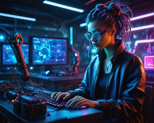 cyberpunk,girl at the computer,cyber,neon human resources,cyber glasses,women in technology,computer addiction,computer art,dj,computer,computer freak,operator,electronic music,computer business,cybernetics,night administrator,cyberspace,neon coffee,midi,electronic,Unique,3D,Toy