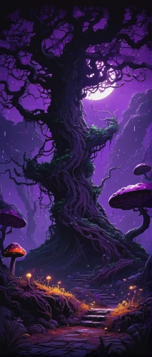mushroom landscape,halloween background,haunted forest,purple landscape,magic tree,halloween wallpaper,old tree,acerola,purple wallpaper,druid grove,dragon tree,witch's house,the roots of trees,fantasy landscape,the trees,tree grove,ipê-purple,strange tree,creepy tree,forest tree,Photography,Fashion Photography,Fashion Photography 10