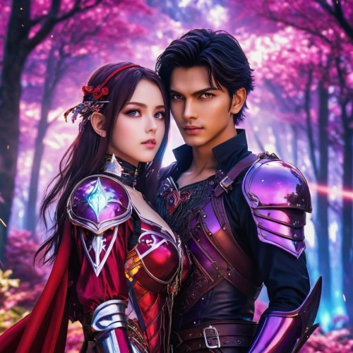fantasy picture,kimjongilia,fantasy portrait,romantic portrait,prince and princess,cg artwork,beautiful couple,fantasy art,adelphan,japanese sakura background,valentines day background,3d fantasy,valentine banner,red-purple,fairytale characters,throughout the game of love,young couple,sci fiction illustration,game illustration,skyflower,Photography,General,Realistic