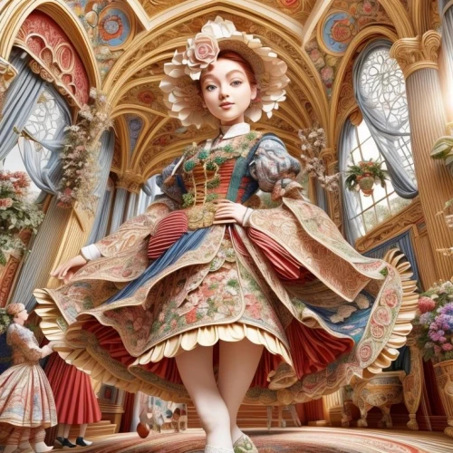 the carnival of venice,rococo,russian folk style,fairy tale character,baroque,queen of hearts,fantasy art,ballet master,painter doll,3d fantasy,baroque angel,alice,fantasy picture,crinoline,doll kitchen,fantasy girl,cinderella,doll's festival,little girl twirling,majorette (dancer)