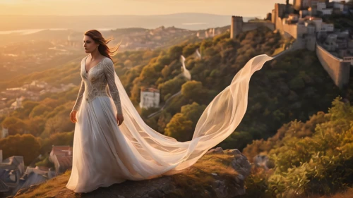 fantasy picture,rapunzel,celtic woman,girl in a long dress,cinderella,fairytale,wedding gown,a fairy tale,wedding dresses,fairy tale,celtic queen,fairytales,fairy tale castle sigmaringen,evening dress,wedding dress,gordes,bridal clothing,heroic fantasy,girl in a historic way,fantasy art,Photography,General,Cinematic