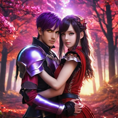 fantasy picture,red-purple,twiliight,fairy tale,cassiopeia,prince and princess,love couple,beautiful couple,cassiopeia a,romantic portrait,a fairy tale,kimjongilia,3d fantasy,valentines day background,fairytale,purple and pink,twilight,fantasy art,young couple,fantasy,Photography,General,Realistic