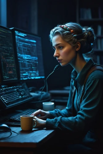 girl at the computer,women in technology,telephone operator,switchboard operator,night administrator,dispatcher,operator,sysadmin,woman drinking coffee,crypto mining,man with a computer,programmer,girl studying,desktop support,remote work,cyberpunk,computer addiction,freelancer,code geek,computer code,Illustration,Realistic Fantasy,Realistic Fantasy 31
