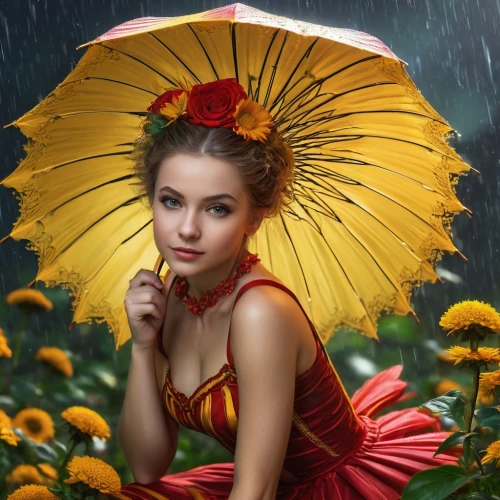 asian umbrella,umbrella,little girl with umbrella,red rose in rain,summer umbrella,beautiful girl with flowers,girl in flowers,red-yellow rose,japanese umbrella,yellow petal,red flower,umbrellas,geisha,yellow petals,japanese umbrellas,geisha girl,parasol,autumn flower,beautiful bonnet,tiger lily,Photography,General,Fantasy