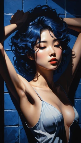 pin-up girl,graffiti art,blue painting,meticulous painting,majorelle blue,oil painting on canvas,pin up girl,blue background,art painting,painting technique,mural,cool pop art,graffiti,pin ups,pin-up girls,wall art,ojos azules,asian woman,colored pencil background,streetart,Illustration,Japanese style,Japanese Style 15