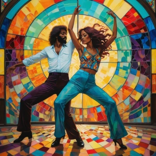 70s,disco,dancing couple,salsa dance,latin dance,70's icon,prism ball,dance with canvases,60s,kaleidoscope art,dancers,kaleidoscope,1971,dancing,groovy,1973,samba deluxe,tango,dance,kaleidoscopic