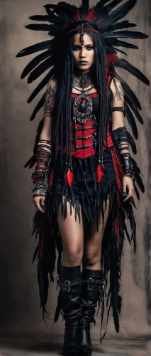 voodoo woman,gothic fashion,rag doll,crow queen,asian costume,dark angel,the japanese doll,killer doll,female doll,warrior woman,a voodoo doll,raven sculpture,the voodoo doll,american indian,primitive dolls,feather headdress,japanese doll,the american indian,voodoo doll,gothic woman,Illustration,Realistic Fantasy,Realistic Fantasy 46
