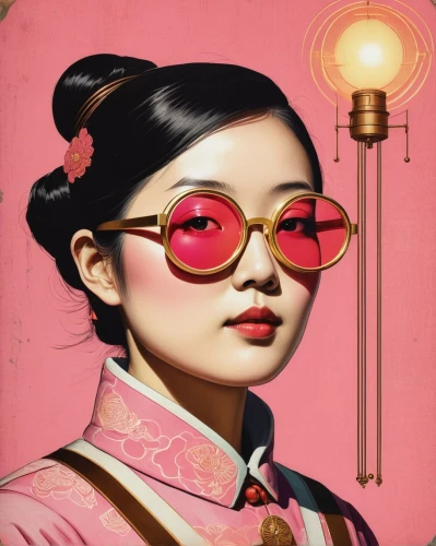 geisha girl,pink glasses,vintage asian,pink round frames,asian vision,geisha,oriental girl,janome chow,chinese art,asian woman,oriental painting,optician,retro girl,sci fiction illustration,pink lady,illustrator,rosa ' amber cover,retro woman,spectacles,reading glasses,Illustration,Japanese style,Japanese Style 08