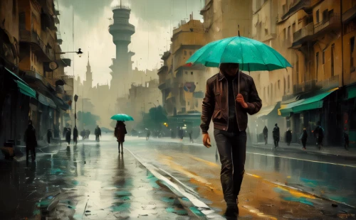 man with umbrella,walking in the rain,umbrellas,world digital painting,asian umbrella,umbrella,summer umbrella,brolly,monsoon,rains,rainy day,heavy rain,huge umbrellas,blue rain,rain,teal blue asia,overhead umbrella,rainy,light rain,raining