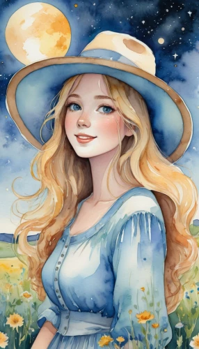 straw hat,high sun hat,countrygirl,sun hat,jessamine,country dress,virgo,springtime background,rosa ' amber cover,prairie,summer hat,blooming field,blue moon rose,farm girl,yellow sun hat,pilgrim,summer meadow,meadow,fantasy portrait,sky rose,Illustration,Paper based,Paper Based 25