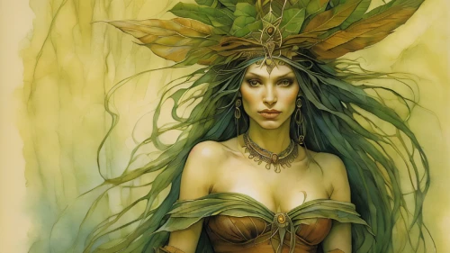 dryad,faerie,the enchantress,anahata,faery,elven flower,mother earth,rusalka,headdress,celtic queen,sorceress,shamanic,faun,elven,shamanism,tiger lily,feather headdress,polynesian girl,priestess,mother nature,Illustration,Realistic Fantasy,Realistic Fantasy 14