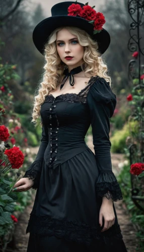 gothic fashion,victorian lady,gothic woman,gothic dress,gothic portrait,victorian style,black rose,wild roses,gothic style,victorian fashion,old country roses,rosebushes,wild rose,jessamine,gothic,red roses,black rose hip,black hat,way of the roses,red rose,Conceptual Art,Fantasy,Fantasy 34