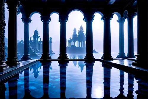 hogwarts,water castle,reflecting pool,pillars,hall of the fallen,underworld,floor fountain,infinity swimming pool,atlantis,cloister,cistern,columns,water palace,gothic architecture,marble palace,imperial shores,three pillars,reflection in water,harry potter,pool of water,Illustration,Black and White,Black and White 33