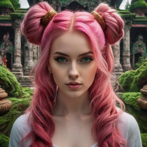 fantasy portrait,fae,medusa,violet head elf,princess leia,rapunzel,bun,rosa 'the fairy,pink hair,fantasy art,elf,faery,world digital painting,rosa ' the fairy,anime girl,fairy tale character,elven,updo,mystical portrait of a girl,photoshop manipulation