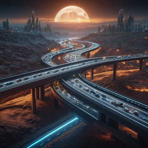 futuristic landscape,roads,road to nowhere,winding roads,road of the impossible,night highway,city highway,winding road,highway,highway roundabout,interstate,overpass,highway lights,road forgotten,long road,street canyon,racing road,the road,highway bridge,alpine drive,Photography,General,Sci-Fi