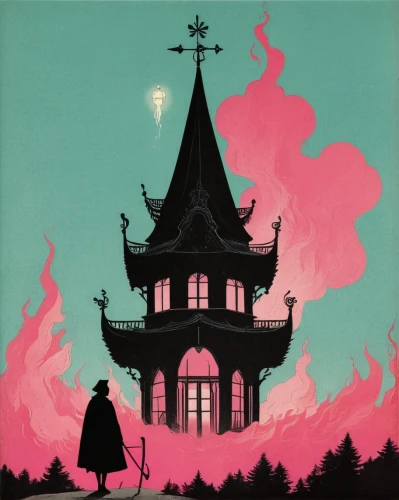 witch house,witch's house,house silhouette,temples,ghost castle,pagoda,fairy chimney,travel poster,studio ghibli,castles,shinigami,the haunted house,fairy tale castle,burning house,dragon palace hotel,mulan,haunted castle,press castle,chimneys,mystery book cover,Illustration,Japanese style,Japanese Style 08