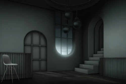 abandoned room,a dark room,circular staircase,3d render,scenography,empty interior,nightlight,empty room,cuckoo light elke,stairwell,interiors,therapy room,sleeping room,blue room,night light,winding staircase,3d rendering,wall lamp,an apartment,staircase,Illustration,Realistic Fantasy,Realistic Fantasy 17