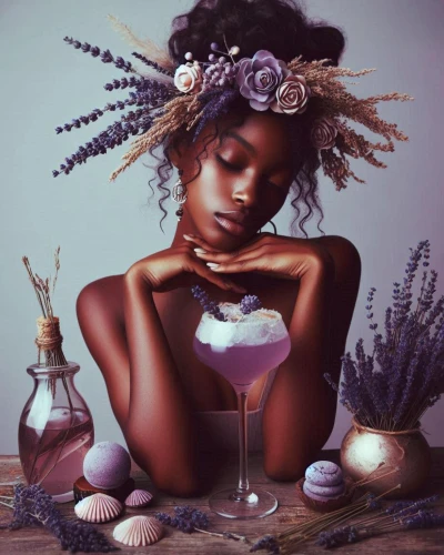 la violetta,girl in a wreath,cynara,boho art,fantasy portrait,centrepiece,the lavender flower,mystical portrait of a girl,delicacy,boho,flora,lavender,potpourri,verbena,spring crown,creating perfume,centerpiece,lavender oil,oil painting on canvas,ikebana