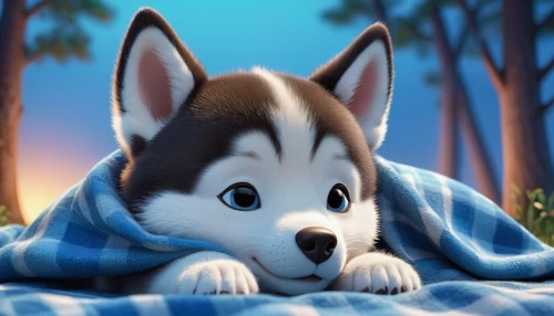 husky,huskies,blanket,laika,cute cartoon image,cute puppy,siberian husky,dusk background,west siberian laika,blue pillow,cute cartoon character,dog illustration,sakhalin husky,canine,tamaskan dog,blue and white,sled dog,warm and cozy,labrador husky,winter background,Unique,3D,3D Character