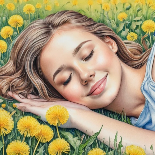 girl lying on the grass,girl in flowers,yellow daisies,daisies,flower painting,dandelion field,relaxed young girl,dandelion meadow,dandelions,meadow in pastel,oil painting on canvas,arnica,daisy flowers,blanket of flowers,daffodils,girl picking flowers,calendula,beautiful girl with flowers,sun daisies,flower art,Conceptual Art,Daily,Daily 17