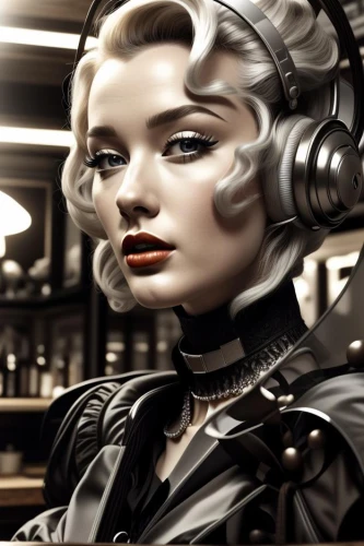 telephone operator,switchboard operator,cybernetics,artificial hair integrations,industrial robot,women in technology,streampunk,video-telephony,barmaid,steampunk,chatbot,biomechanical,retro woman,disk jockey,girl at the computer,industry 4,electronic music,artificial intelligence,receptionist,retro women